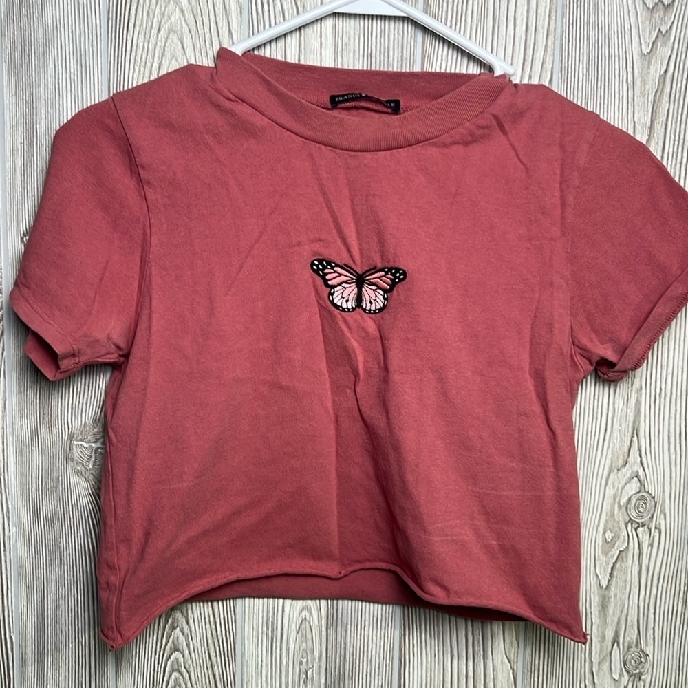 Brandy Melville Dark Rose Short Sleeve Butterfly Crew Neck Crop Top OS